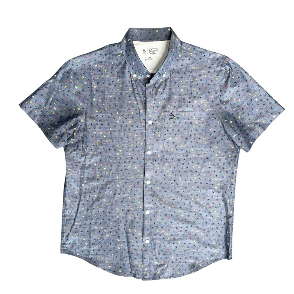 PENGUIN Men’s Blue Airplane Print Short Sleeve Button Down Shirt - Picture 7 of 7